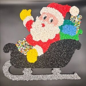 Vintage Melted Plastic Popcorn Santa Sleigh Christmas Wall Decor Holiday 70s 19"
